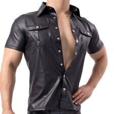Mens Wetlook PVC Leather Shirts Casual Button-up T-Shirts Fetish Club Stage Tops