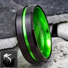 Tungsten Carbide Men's Black Thin Green Line Band Ring-Border Patrol-Military