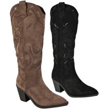 Womens Western Cowboy Boots Ladies Mid Calf Zip Heel Faux Suede Detail