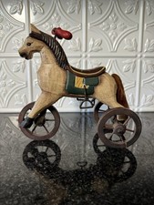 Vintage Folk Art Hand Painted & Carved Wooden and Metal Horse Tricycle Decor Toy