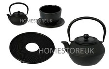 JAPANESE STYLE CAST IRON HOB NAIL TEA POT TRIVET CUP AND SAUCER SET BLACK 