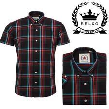 Relco Men's Black & Red Tartan Check Short Sleeve Button Down Collar Mod  Shirt