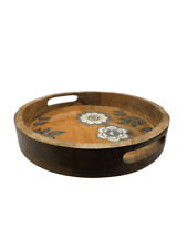 Round Wooden Serving Tray with Hand Painted Flower Designs & Easy to Hold Handle