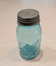 Vintage 1923-1933 Ball Perfect Mason Quart Jar Zinc Lid #2 Aqua Blue