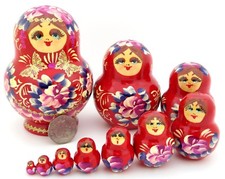 Nesting Russian Matryoshka doll 10 Red Babushka flowers Genuine NIKITINA signed