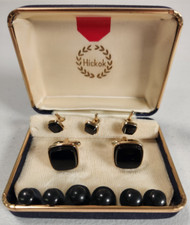 Hickok Art Deco Buff-Top Black Onyx Gold Tone Cufflinks & Shirt Studs Set (6N)