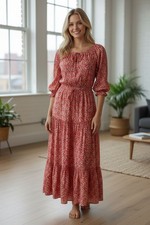 Vintage Laura Ashley Maxi Dress Red Floral Boho Made In Wales UK Size XS