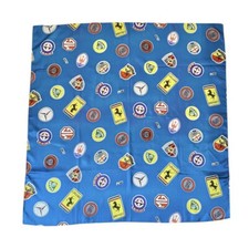 Vintage 60s LES LESTON Motor RACING Auto CAR Badges LUXURY Blue SILK Scarf