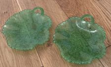Vintage Pair matching glass cabbage lettuce leaf small plate dish handle