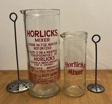 Pair Of Vintage Horlicks Glass Mixer Jug Set Metal Plunger Retro Rare Stunning