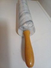 VINTAGE 18" MARBLE ROLLING PIN with WOODEN CRADLE STAND & WOOD HANDLES EUC!
