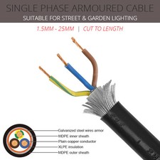 SWA CABLE 2 CORE + EARTH 1.5MM-25MM SINGLE PHASE GARDEN LIGHTING CABLE PER METRE