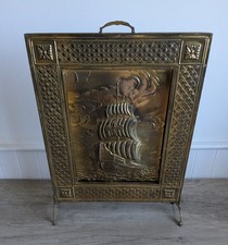 Vintage Lombard Brass Fire Screen Guard Ship Embossed  Fireplace Decoration