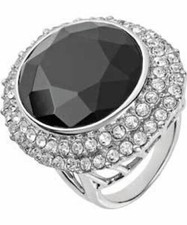 Extra Large Gothic Black Onyx and Clear Crystal Statement Ring Silver Tone