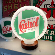 Castrol Wakefield Oil Gas Petrol Pump Globe with Wood LED Lamp Base UK plug