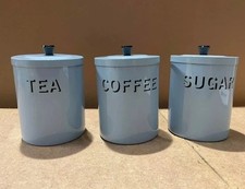 Tea, Coffee, Sugar canisters set of 3 round Metal painted blue