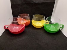 4 X Unusual Tumbler Glasses with Brightly Coloured Plastic Mounts/ Handles 1970'