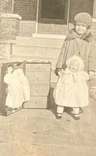 Photograph-Little Girl near House w Large Doll & Toy Doll Closet & Doll Clothes