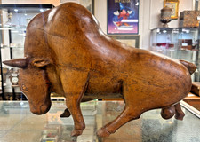 Stunning Mid Century Large Hand Carved Wooden Bull - As Found