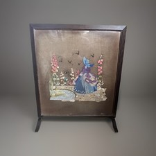ANTIQUE FIREGUARD Fire SCREEN VICTORIAN Mahogany Girl garden needlework TAPESTRY