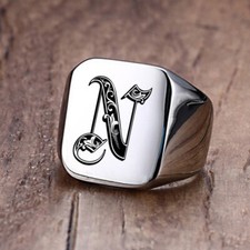 Royal Initial Signet Ring Men Stamp Band Stainless Steel Letter Customized Gift.