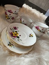 Gainsborough Bone China Tea Cup Saucer Plate Trio Vtg Purple Yellow Floral set 