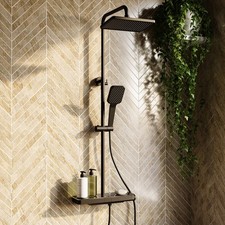 Black Thermostatic Mixer Shower Set with Push Button & Shelf - Mika MBSHELFSH