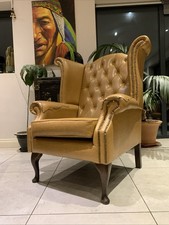 Antique Chesterfield Queen Anne High Back Wing Chair Mustard Yellow Leather Seat