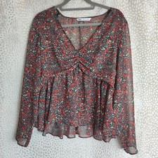 Zara Womens Floral Blouse Semi Sheer Long Sleeve Ruffle Peplum Size L V Neckline