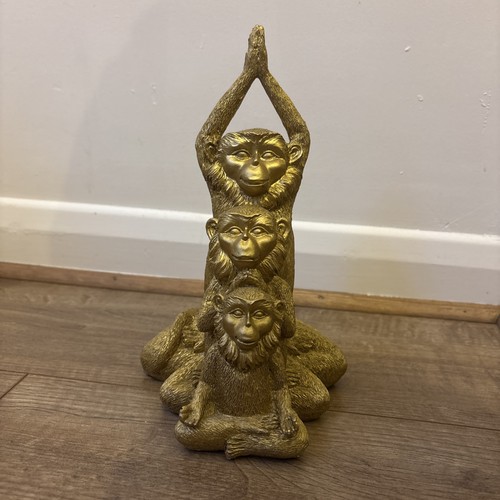 Gold yoga monkeys statue 25cm - gold,