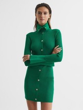 REISS Rhiannon Ribbed Mini Dress in Green Size M