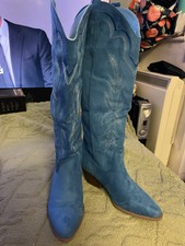 Ladies Longer Length Blue Cowboy Boots Size 7 Pull On Block Heel