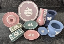 Wedgwood Jasper Ware pink, lilac, navy, teal  Blue,  Lidded Pot Matching Vases