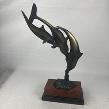 Vintage Bronze Three Dolphin Statue Sculpture Figurine 14" Tall Heavy Weighted