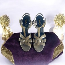 YSL Saint Laurent Tribute Platform Sandals 39.5 Grey Patent Leather Heels