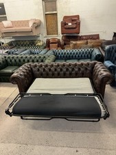 Chesterfield Brown Real Leather Three Seater Sofa Pull Out Bed