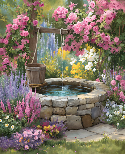 Rose covered stone garden well - stone,