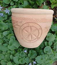 Handmade terracotta patterned clay pot planter 17cm tall , 19cm across top