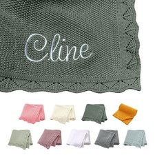 Personalized Cotton Knitted Blanket Embroidered Name Baby Boy Baby Girl Blanket;