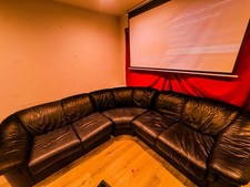 Home Theater Couch + Projector Screen + Curtains – Complete Setup for Any Chill