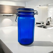 Vintage Cobalt Blue Glass 12 Panel Canister Jar Wire Bale Seal Lid 8” Farmhouse