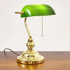 Traditional Green Banker Desk Lamp Pull Chain Switch Glass Light Satin Brass.