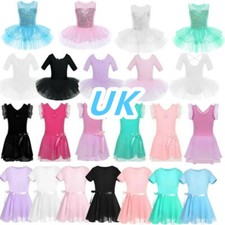 UK Kids Girls Ballet Dance Dress Short Sleeve Ballerina Leotard Tutu Skirt Dress