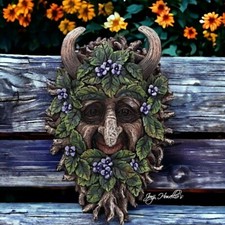Green Man Tree Spirit Wall Plaque Garden Ornament Horned Flower Face Alder Home