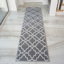 Grey Trellis Long Low Edge Hall Runner Rugs Hallway | Non Slip Underlay