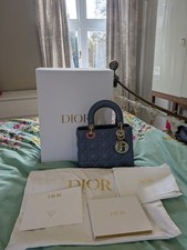 Dior Lady Dior Small Denim Blue Lambskin Bag with Gold Hardware and Wide Strap