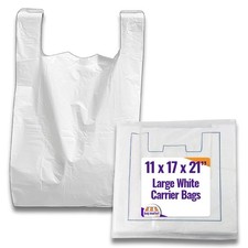Large White Plastic Vest Carrier Bags, Medium Duty Reusable Bags, 11 x 17 x 21"