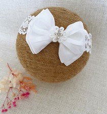 Baptism Headband Christening Headband with Satin Bow, Sparkly Cross, Lace Band