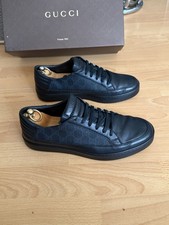 Gucci  433716 Mens black Monogram Leather  Sneakers Trainer Shoes 8.5