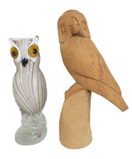 Owl Figure - LOT of 2 - 9" Murano Tozai Glass + 11.5" Hard Carved Wood Figurine